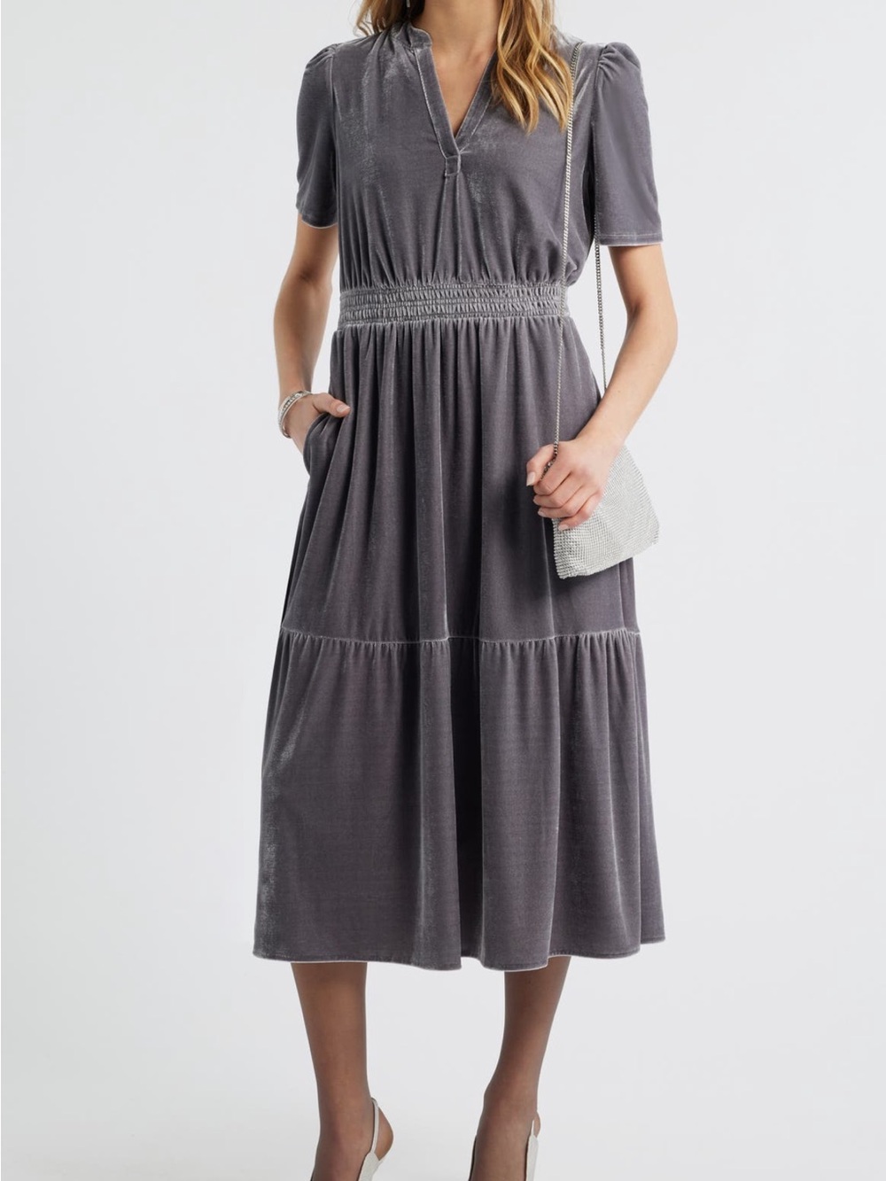 Caslon NWT V-Nk Short Sleeve Tiered Velour Midi Dress Grey Sz S